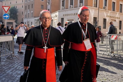De izquierda a derecha: Luis José Rueda Aparicio y Rubén Salazar Gómez llegan a una reunión de cardenales en el Vaticano, el pasado 30 de abril. 