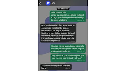 Conversación de un prestador de servicios de la plataforma de 1Fit para exigir el pago.