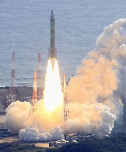 An aerial view shows a second test model of H3 rocket lift off from the launching pad at Tanegashima Space Center on February 17, 2024.