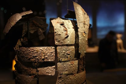 Detail of a Roman legionary's articulated cuirass armour is seen on display ahead of the "Legion life in the Roman army" exhibition