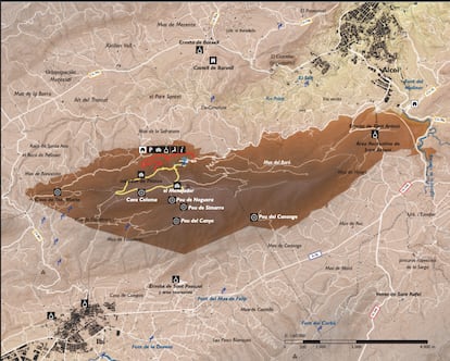 Mapa del territorio que abarca el Parc Natural de la Font Roja entre los municipios de Ibi y Alcoi.