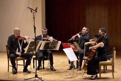 El Cuarteto Quiroga y Jörg Widmann en un momento del estreno de 'Joyce'.