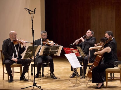 El Cuarteto Quiroga y Jörg Widmann en un momento del estreno de 'Joyce'.