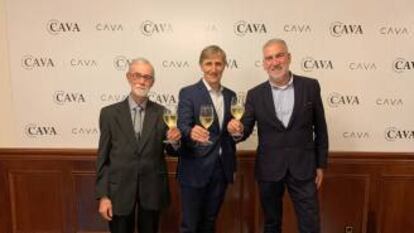 De izquierda a derecha, Pere Guilera (PimeCava), Javier Pagés (DO Cava), y Damià Deàs (Institut del Cava), tras el acuerdo firmado este lunes.