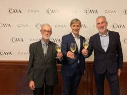 De izquierda a derecha, Pere Guilera (PimeCava), Javier Pagés (DO Cava), y Damià Deàs (Institut del Cava), tras el acuerdo firmado este lunes.