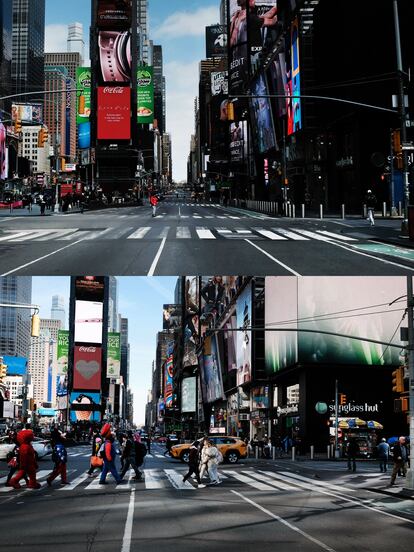 Times Square, en Nueva York, vacío el 22 de marzo de 2020, y el pasado viernes.