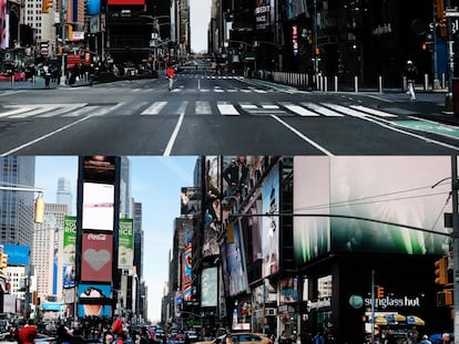 Times Square, en Nueva York, vacío el 22 de marzo de 2020, y el pasado viernes.