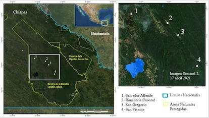 Mapa que indica las invasiones dentro de la reserva natural de Montes Azules en Chiapas (México).