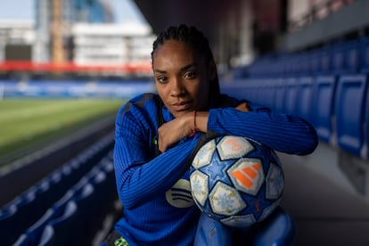 Salma Paralluelo, a player for the FCB women's team, photographed at the Johan Cruyff Stadium.