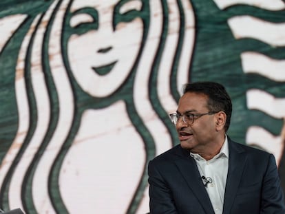 Incoming CEO Laxman Narasimhan speaks during Starbucks Investor Day 2022, Sept. 13, 2022, in Seattle. Starbucks officially has a new CEO.