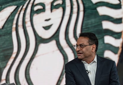 Incoming CEO Laxman Narasimhan speaks during Starbucks Investor Day 2022, Sept. 13, 2022, in Seattle. Starbucks officially has a new CEO.