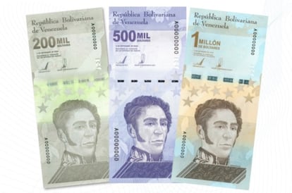 Nuevos billetes de 200.000, 500.000 y un millón de bolívares en Venezuela.