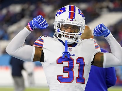 Buffalo Bills safety Damar Hamlin (31) is shown before an NFL football game against the Tennessee Titans on Monday, Oct. 18, 2021, in Nashville, Tenn.