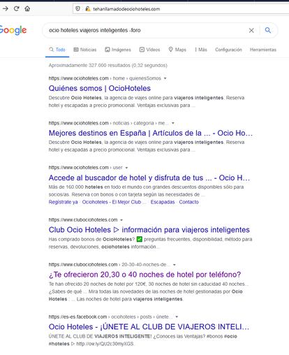 Un anuncio de Google redirige a una url sobre las llamadas de Ocio Hoteles que ofrece un nuevo resultado en el buscador sin resultados negativos.