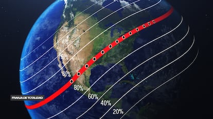 La franja de totalidad del eclipse del 8 de abril sobre Norteamérica.