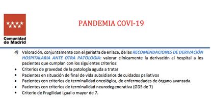 Criterios de hospitalización de mayores internos en residencias en el protocolo para la epidemia del nuevo coronavirus elaborado por la Comunidad de Madrid.