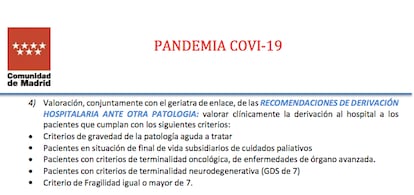 Criterios de hospitalización de mayores internos en residencias en el protocolo para la epidemia del nuevo coronavirus elaborado por la Comunidad de Madrid.