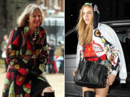 Theresa May, con unas botas hasta más arriba de la rodilla, siguiendo el estilo de Cara Delevingne.