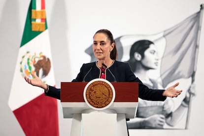 Claudia Sheinbaum en la Mañanera de este martes, en Palacio Nacional.