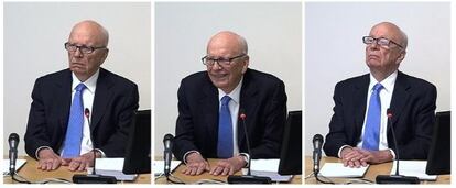 Tres capturas del v&iacute;deo de la comparecencia de Rupert Murdoch.
 