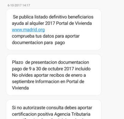 Captura de pantalla de los mensajes enviados a uno de los beneficiarios.