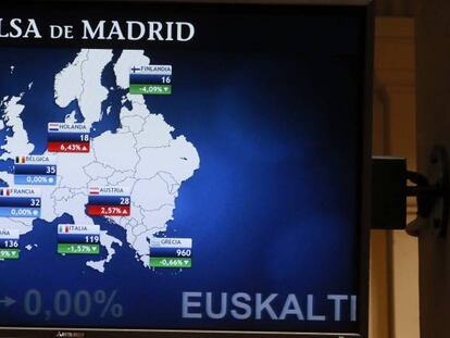 Monitor en la Bolsa de Madrid que muestra  la prima de riesgo de España