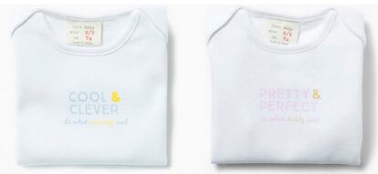 Los 'bodys' sexistas de Zara
Los niños son inteligentes y las niñas guapas. Uno de los estereotipos más manidos y patriarcales que pudiésemos imaginar acabó estampado en unos bodys para bebés de Zara. “Pretty and Perfect – It’s what daddy said” ("Guapa y perfecta: eso dice papá") era la frase que lucía el diseño para niñas. “Cool and Clever – It’s what mummy said” ("Guay e inteligente: eso dice mamá"), la que adornaba su homólogo para niños. Dos mensajes bien distintos que se colaban en un pack de 5 bodys que tampoco tenían desperdicio. Los niños, futuros machotes, lucirían estampado de bigotes y tonos azules. Ellas, eternas princesas, llevarían coronas y la frase "Always Pink" ("siempre rosa"). Zara no hizo declaraciones pero, cómo no, los bodys acabaron desapareciendo de las tiendas.
Meses antes, Hipercor se había visto obligado a dejar de vender unos bodys en los que se podía leer “Inteligente como papá” en sus pijamas azules y “Bonita como mamá” en los rosas.