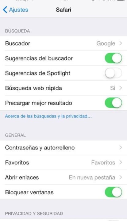 Panel de configuración de Safari en un iPhone.