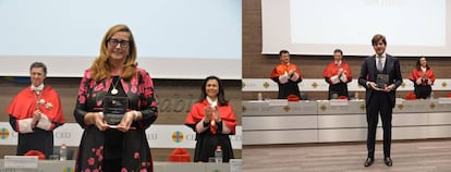 Almudena Castro-Girona, presidenta de la Fundación Aequitas, y Sebastián del Rey, director de Relaciones Institucionales del Colegio de Registradores de España, recogiendo los premios otorgados por la Universidad CEU San Pablo.