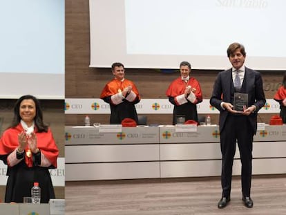 Almudena Castro-Girona, presidenta de la Fundación Aequitas, y Sebastián del Rey, director de Relaciones Institucionales del Colegio de Registradores de España, recogiendo los premios otorgados por la Universidad CEU San Pablo.