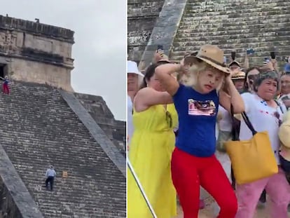 On the left, the woman dances while another person tries to talk her down; on the right, the woman is attacked as she crosses the angry crowd.