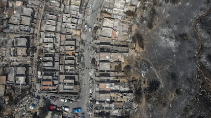 Aerial view of an area of Viña del Mar affected by fires, on February 5, 2024.