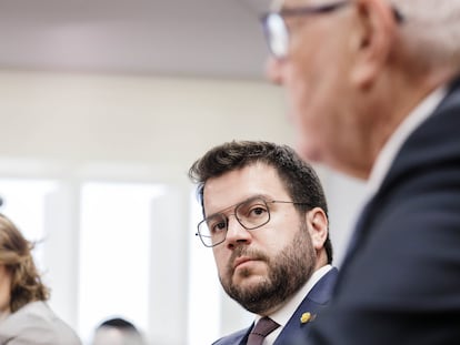 Pere Aragonès, durante su reunión con la comisión de investigación del Parlamento Europeo sobre el 'caso Pegasus', celebrada este martes en Madrid.