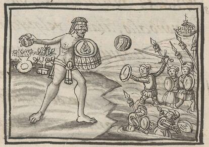 El heróico guerrero Tlatelolca, Tzilcatzin, arroja piedras a los españoles invasores, encontrado en el Libro 12.