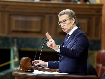 El líder del PP, Alberto Núñez Feijóo, interviene durante el debate parlamentario de este miércoles en el Congreso.