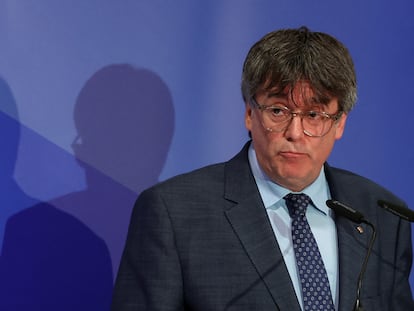 El ex presidente de Cataluña, Carles Puigdemont durante la rueda de prensa de hoy en Bruselas.