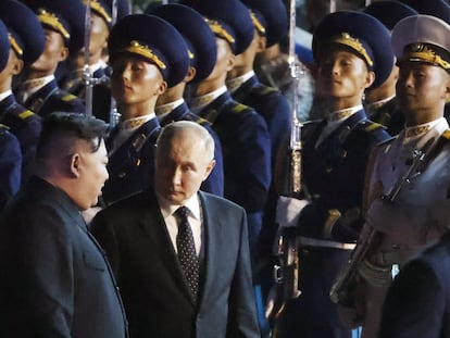 Russian President Vladimir Putin with North Korean leader Kim Jong-un in Pyongyang, June 19, 2024.