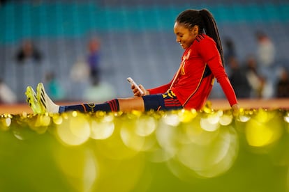 Spain's Salma Paralluelo sits on the pitch with her medal at the end of the Women's World Cup soccer final between Spain and England at Stadium Australia in Sydney, Australia, Sunday, Aug. 20, 2023. Spain won 1-0.