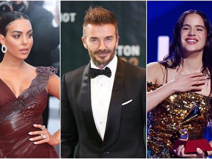 De izquierda a derecha, Georgina Rodriguez, David Beckham y Rosalía.