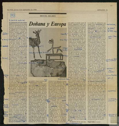 Artículo corregido de Delibes para 'EL PAÍS'. Metódico, rescribía artículos ya escritos, como este publicado en las páginas de Opinión de este diario en 1990.