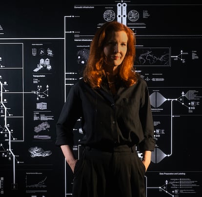 Kate Crawford, at the LABoral art centre in Gijón, with the work 'Anatomy of an AI system', (2018) which she created together with Vladan Joler.