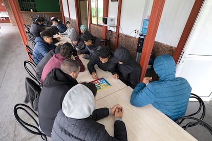 Menores migrantes juegan al parchís en un centro de acogida de Santa Brígida, Gran Canaria.