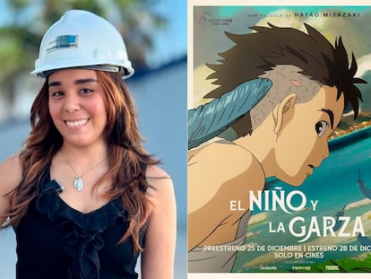 A la izquierda, Geraldine Fernández; a la derecha, el cartel de la película 'El niño y la garza'.