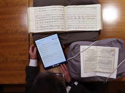 Álvaro Torrente, director of the Complutense Institute of Musical Sciences, analyzes musical scores at the National Library of Spain in Madrid.