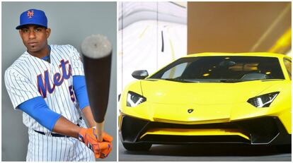 Yoenis Céspedes, jugador de béisbol cubano de los Mets de Nueva York, es famoso por despilfarrar dinero en coches. Es dueño de un Lamborghini Aventador (en la imagen), Alfa Romeo 8C Competizione, Ford F-250 personalizado y un Jeep Wrangler y un Polaris Slingshots.