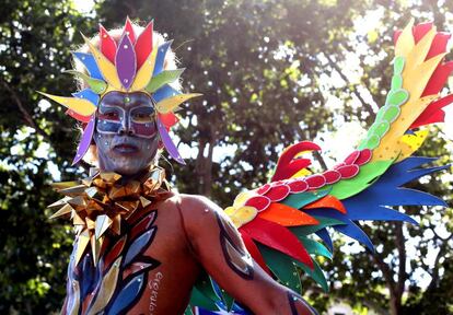 One of the colorfully-dressed members of the parade.