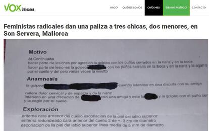 El supuesto parte médico (ya eliminado) con el que Vox difundió la noticia falsa de un inexistente ataque de feministas a tres chicas en Baleares.