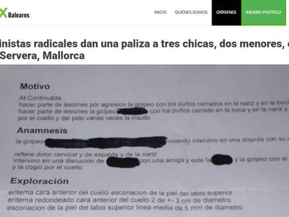 El supuesto parte médico (ya eliminado) con el que Vox difundió la noticia falsa de un inexistente ataque de feministas a tres chicas en Baleares.