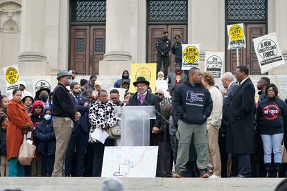 More than 200 people gather on the steps of the Mississippi Capitol on Jan. 31, 2023, to protest against a bill that would expand the patrol territory for the state-run Capitol Police.