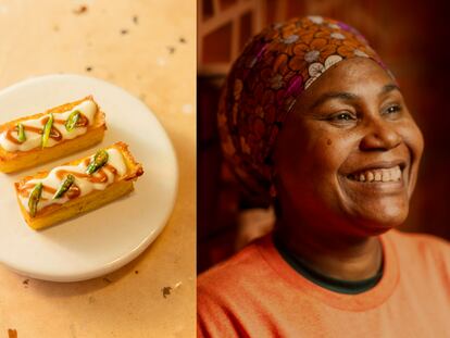 Febrero de 2024 - Reportaje con Adejoké Bakare, la primera cocinera africana con una estrella Michelin en Reino Unido - ©Manuel Vázquez      ----PIE DE FOTO-----   La cocinera Adejoké Bakare y su plato Ekoki compuesto por bizcochos de maíz, crema de coco, pasta de tamarindo y chilis caramelizados.